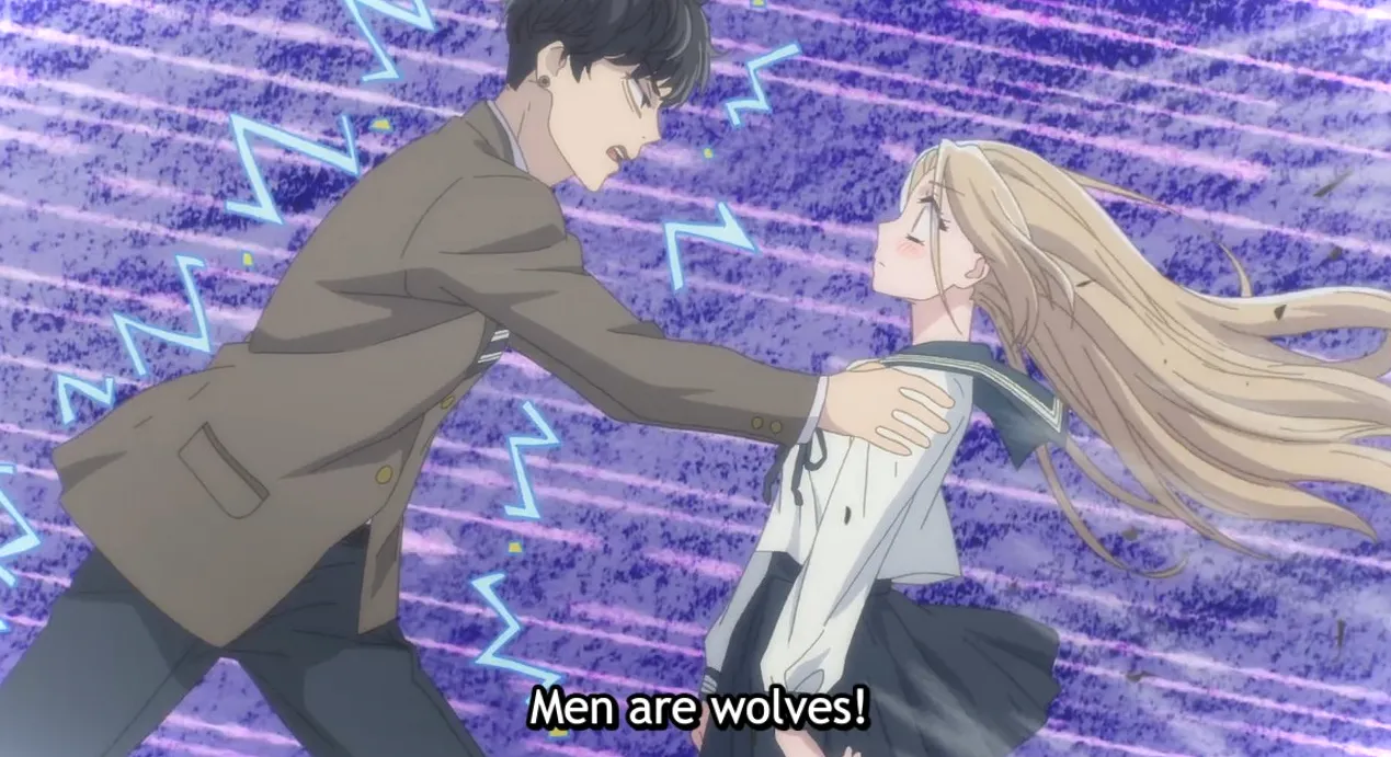Keiya agarrando a Isaku por los hombros gritando dramáticamente contra un fondo violeta eléctrico.  El texto del subtítulo dice: ¡Los hombres son lobos!