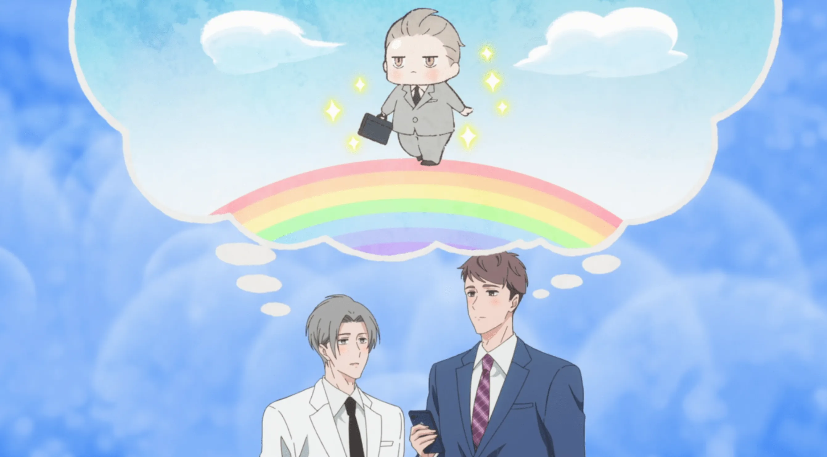 Kinjo y Momose imaginan una versión chibi de Shirosaki caminando al trabajo sobre un arcoíris