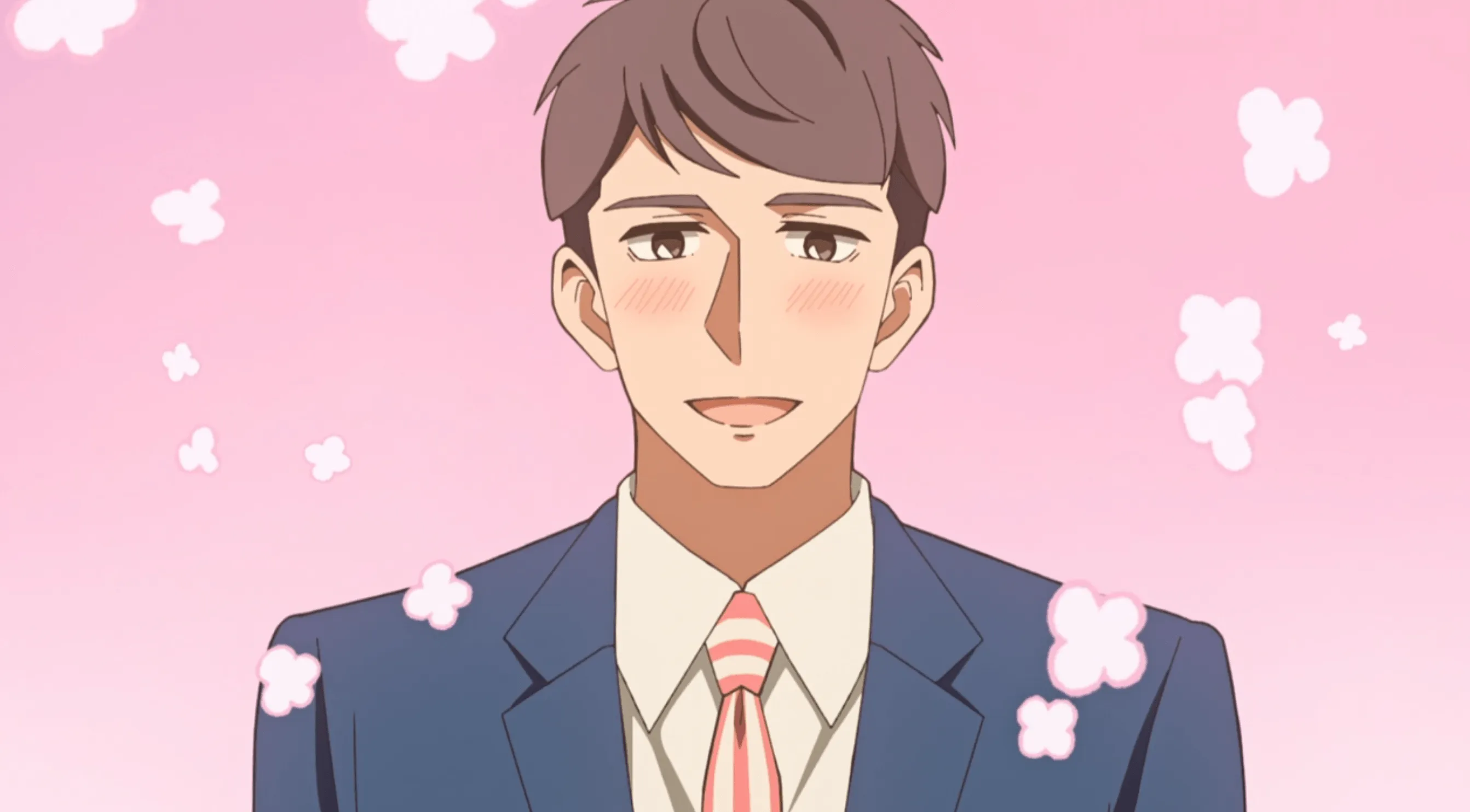 Primer plano de Momose sonriendo contento, sobre un fondo rosa y rodeado de pequeñas formas de flores rosadas