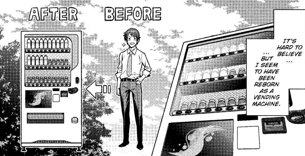 El personaje principal de Reborn as a Vending Machine, I Now Wander the Dungeon, explica cómo era un humano antes de convertirse en una máquina expendedora.
