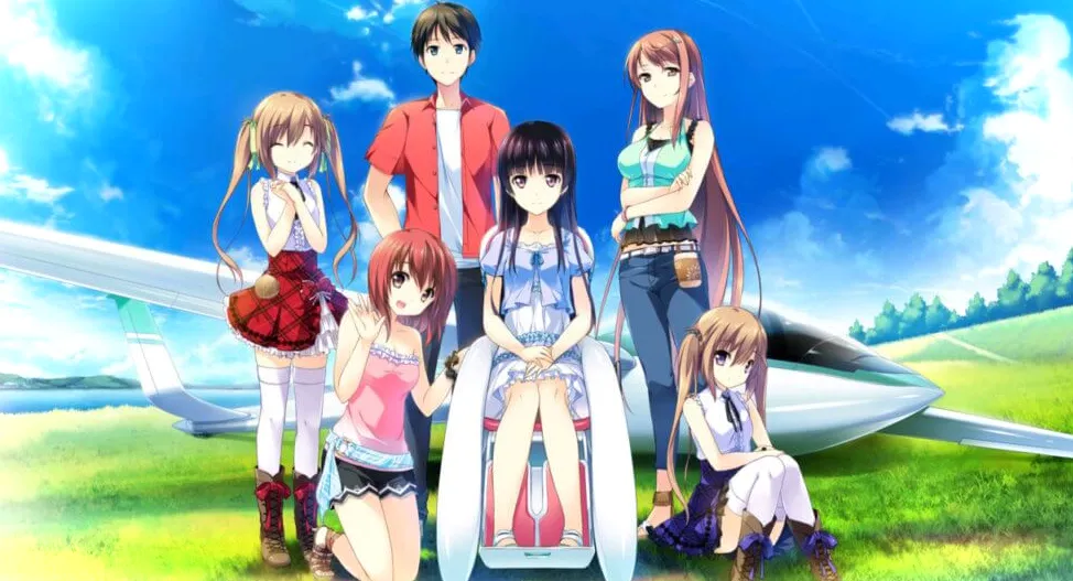 Aoi, Ageha, Kotori, Amane, Asa y Yoru se toman una foto juntos frente a su planeador.