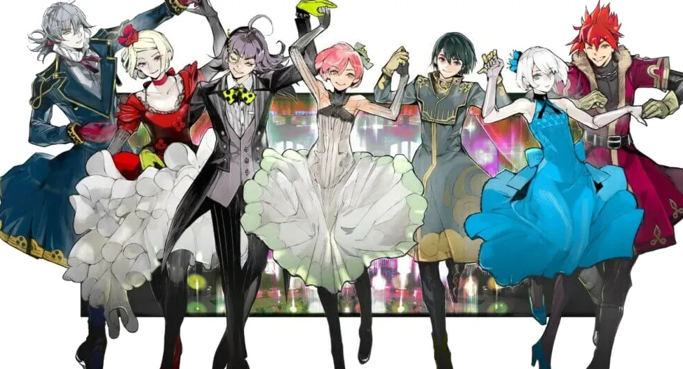 Los personajes de Jack Jeanne se alinearon uno al lado del otro en orden: Kai, Sarafumi, Neji, Kisa, Yonaga, Mitsuki y Suzu.