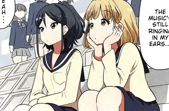 Los personajes principales Yukari y Kaede se sientan en las escaleras y hablan del concierto que acaban de ver.  Yukari dice: La música todavía resuena en mis oídos.