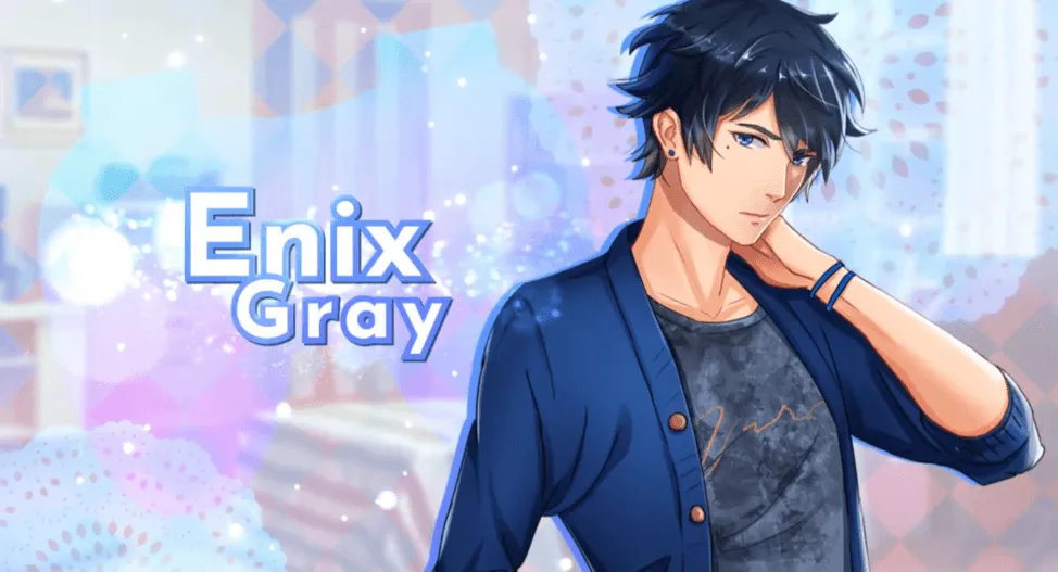 Enix Gray luce melancólico con una camisa azul, un arete y un lunar debajo del ojo derecho.