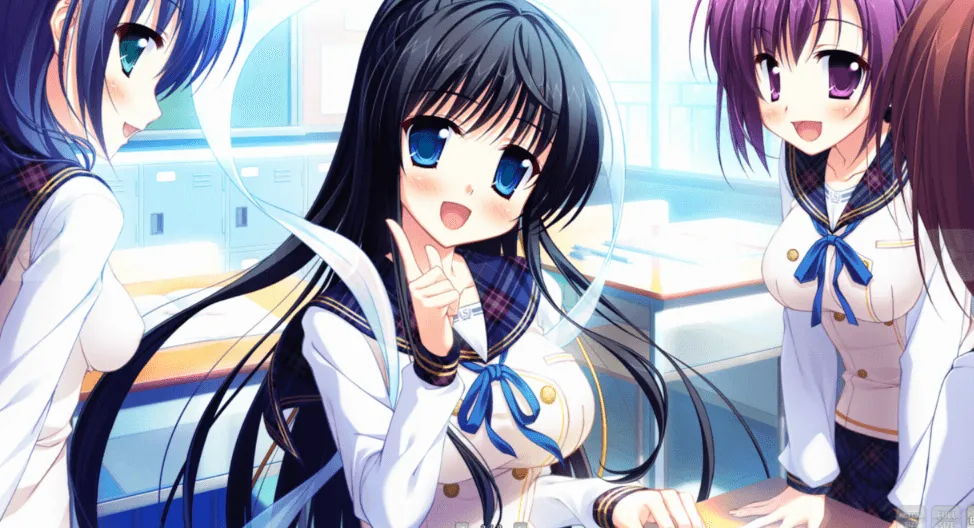 Yorihime hablando con compañeros de clase mientras está sentada en su escritorio.