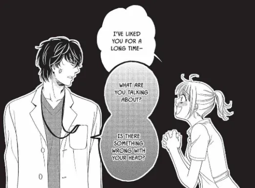 Nanase ve a Tendo, junta sus manos y dice: Me gustas desde hace mucho tiempo. Tendo responde: ¿De qué estás hablando? ¿Hay algo mal en tu cabeza?