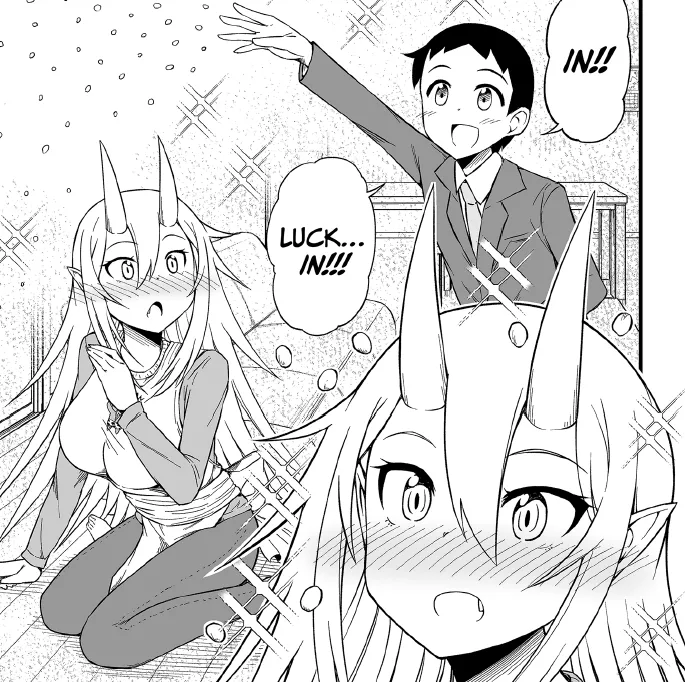 Tomoyuki lanzando frijoles al aire sobre Mitsuki.