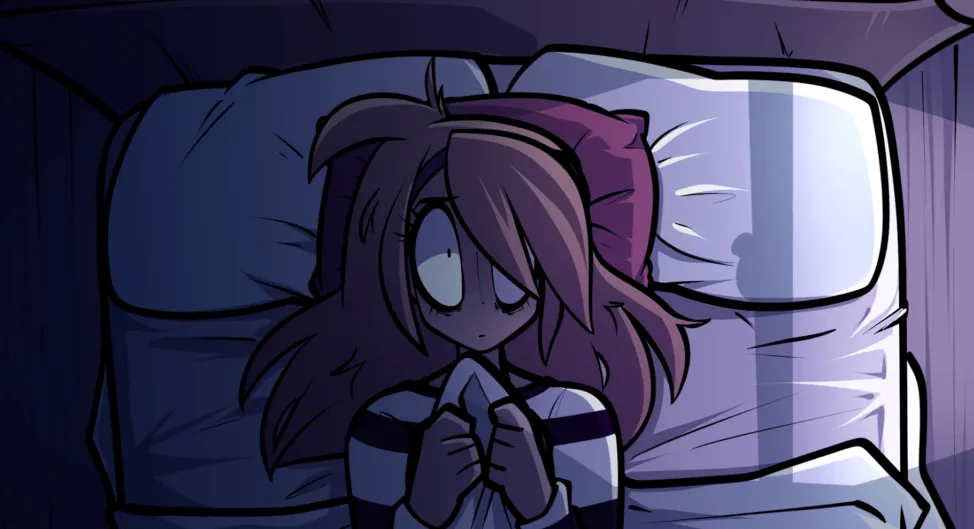 Katie se acuesta boca arriba en la cama con una expresión de terror en su rostro.
