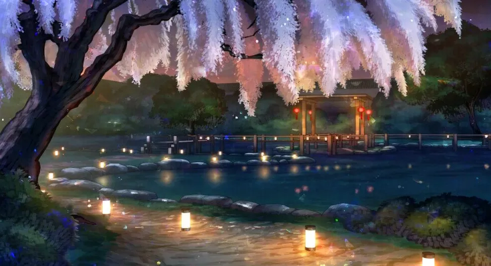 Un fondo de Olympia Soirée que representa un cerezo en flor junto a un lago o estanque.