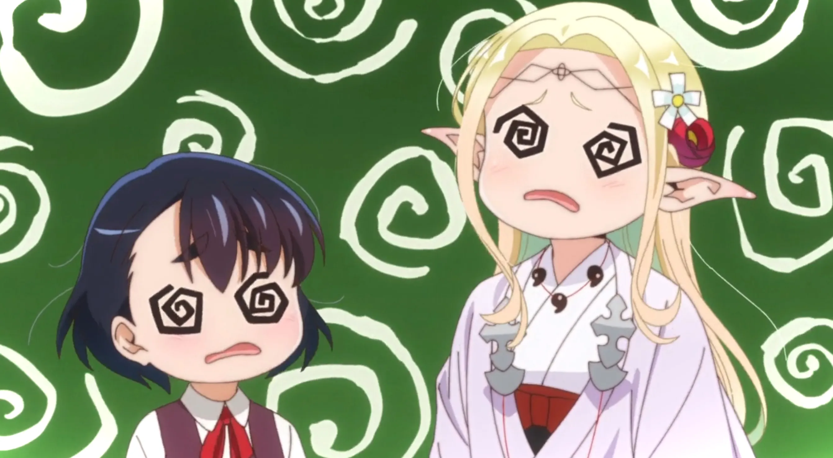 Koito y Elda de pie contra un fondo en espiral.  Sus ojos también se han convertido en espirales y ambos parecen vertiginosos.