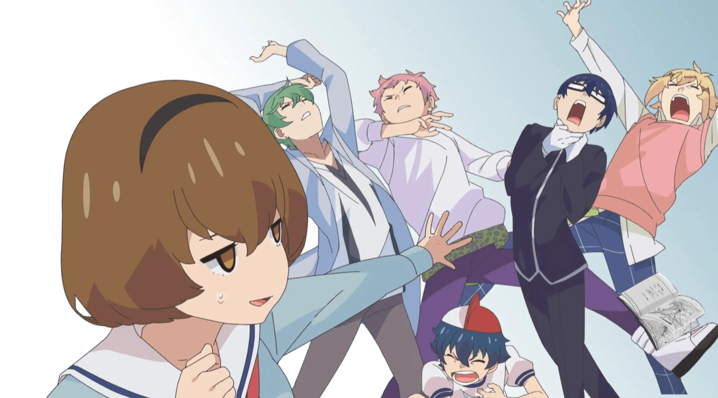 Mizuki extiende su mano como si disparara una bola de energía y un grupo de chicos caen hacia atrás como si ella los hubiera golpeado.