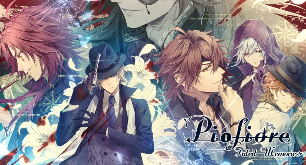 Esta es la portada de Piofiore: Fated Memories que muestra a Dante, Gil, Yang, Orlok, Nicola y una persona enmascarada.