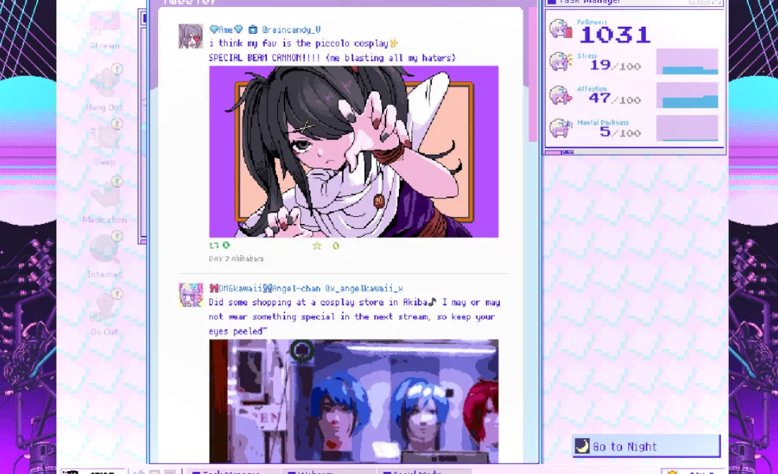 Redes sociales de Needy Streamer que muestran las publicaciones duales de Ame y Angel Chan.  Ame hace un cosplay masculino con Piccolo mientras Angel habla de manera más ambigua sobre el disfraz que quiere hacer.