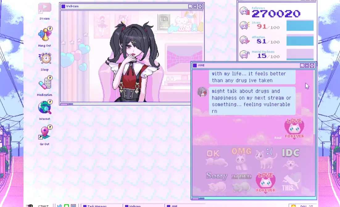 Una computadora de escritorio retro alrededor de Windows 95 con Ame en una cámara web y un administrador de tareas que muestra que está estresada por hacer otras cosas bien.  Cuadro de chat: ...con mi vida... si me siento mejor que cualquier droga que haya tomado, podría hablar sobre drogas y felicidad en mi próxima transmisión o algo así... sintiéndome vulnerable.  PCHan: Emote Amor para siempre