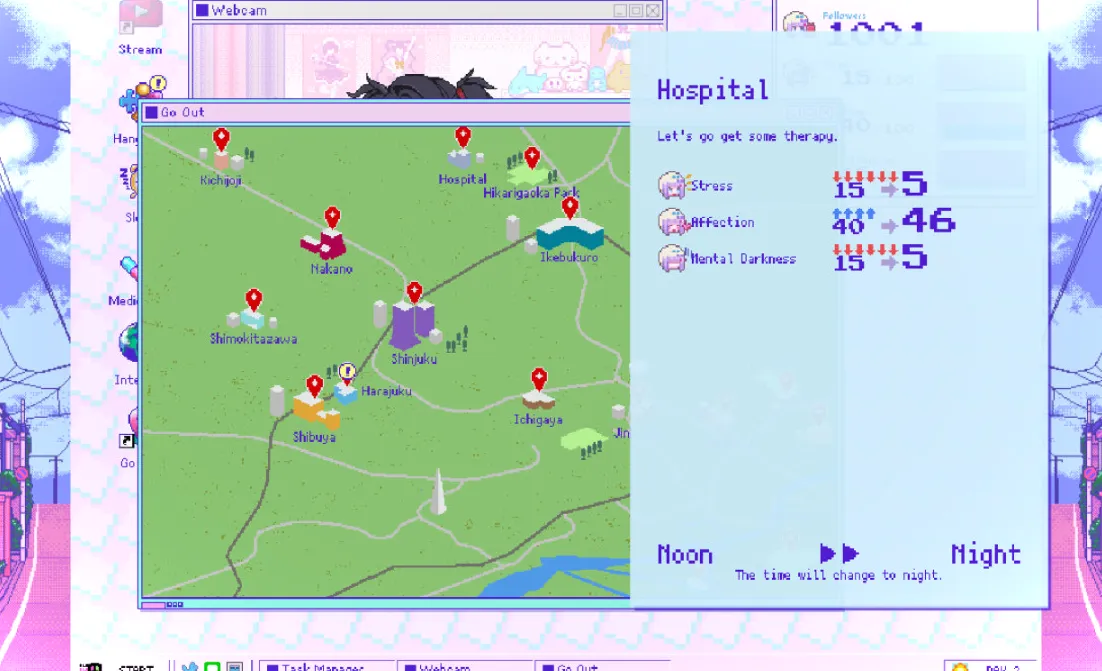 Un mapa simple del área de Tokio destacando el hospital. Vayamos a terapia. Reduzca el estrés y la oscuridad mental mientras aumenta el afecto.