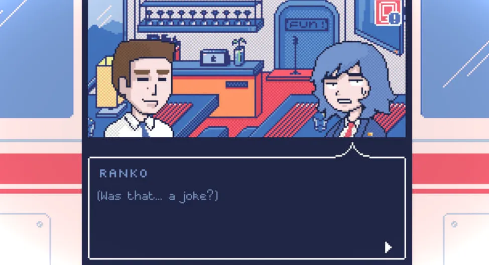 Ranko hablando con un hombre.  El texto dice: (¿Eso fue... una broma?)
