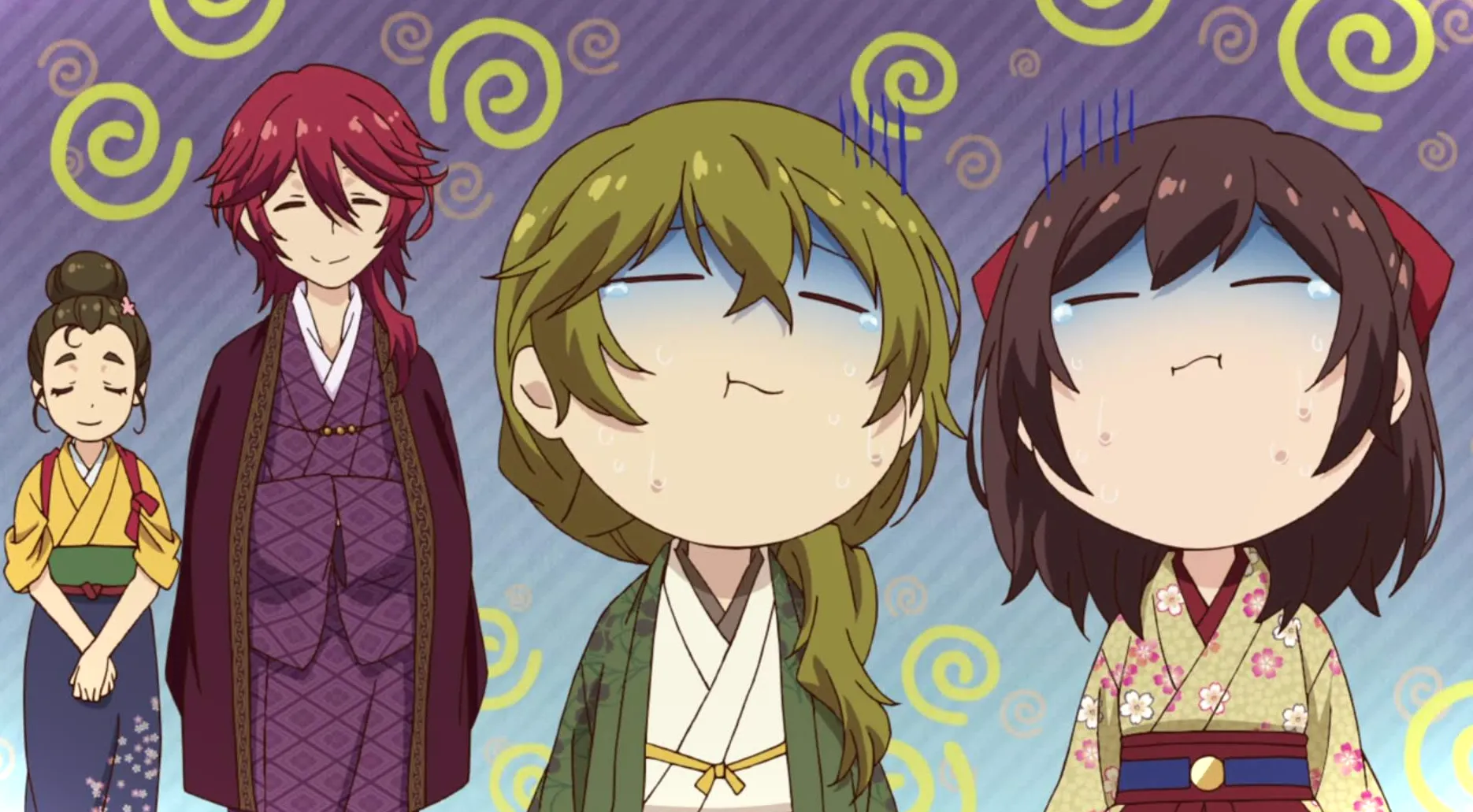 dos personajes chibi parecen revueltos mientras los adultos en el fondo no están impresionados