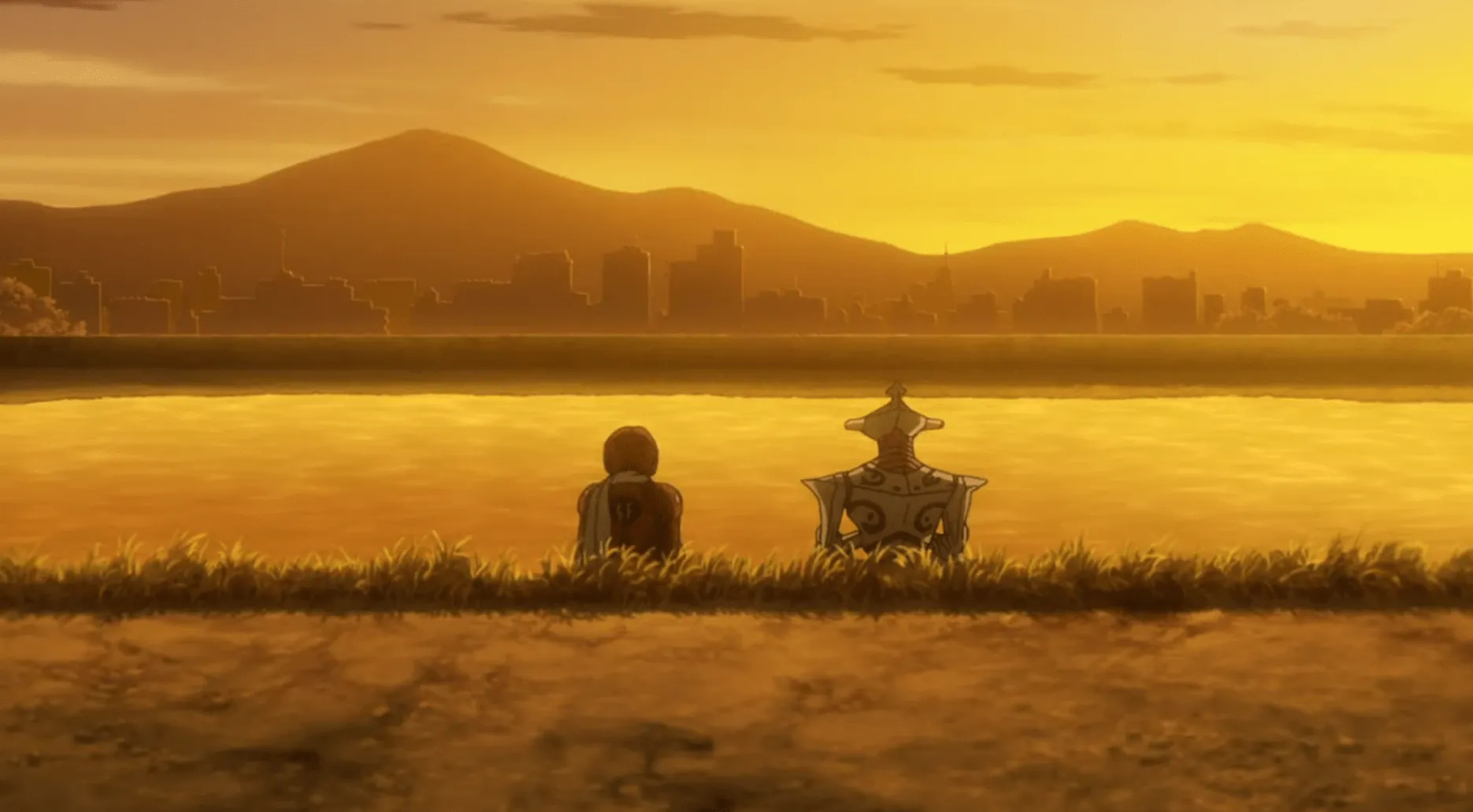 Masayoshi y Flamwenco alienígena sentados junto al río al atardecer