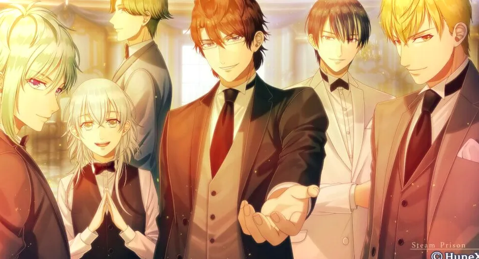 All Love Interests in suits looking at player. From left to right: Ulrik, Yune, Fin, Eltcreed, Adage, Ines.