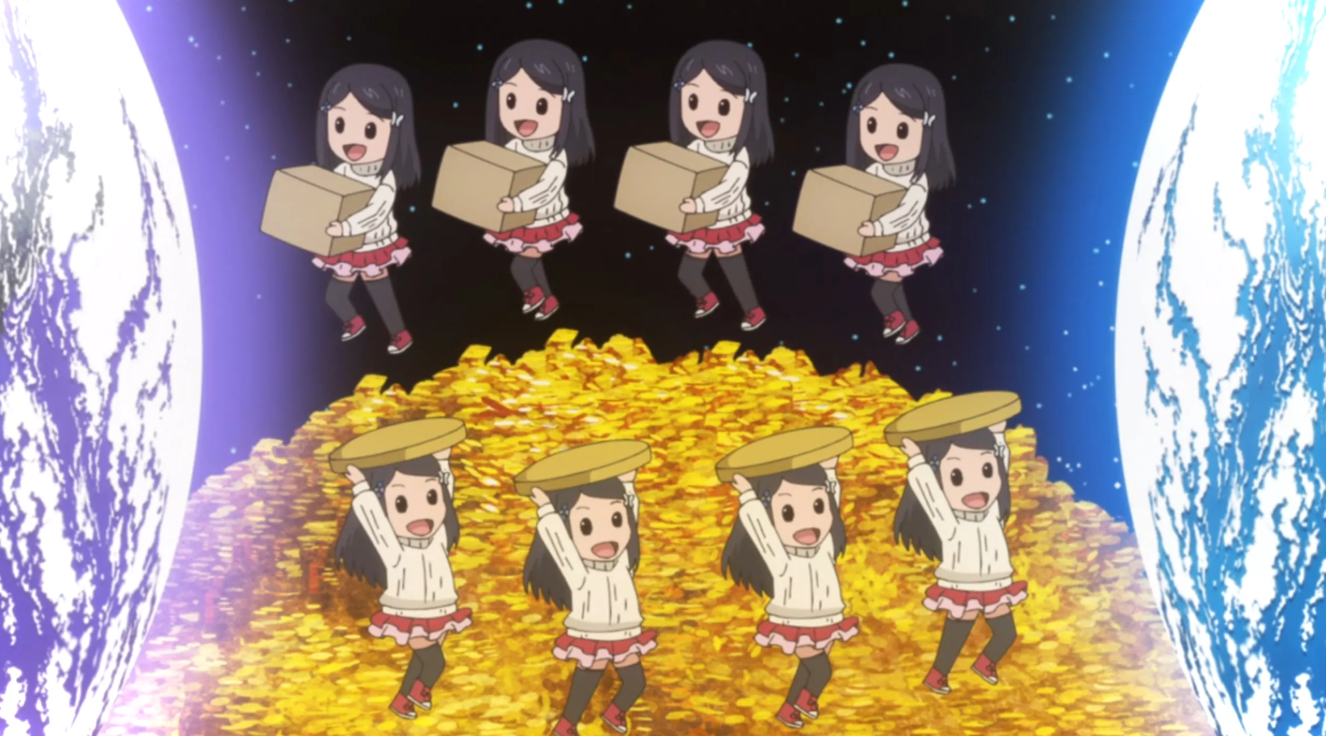 Figuras estilizadas y caricaturescas corriendo en círculo alrededor de una pila de monedas de oro.  Algunos llevan cajas, otros llevan monedas gigantes.