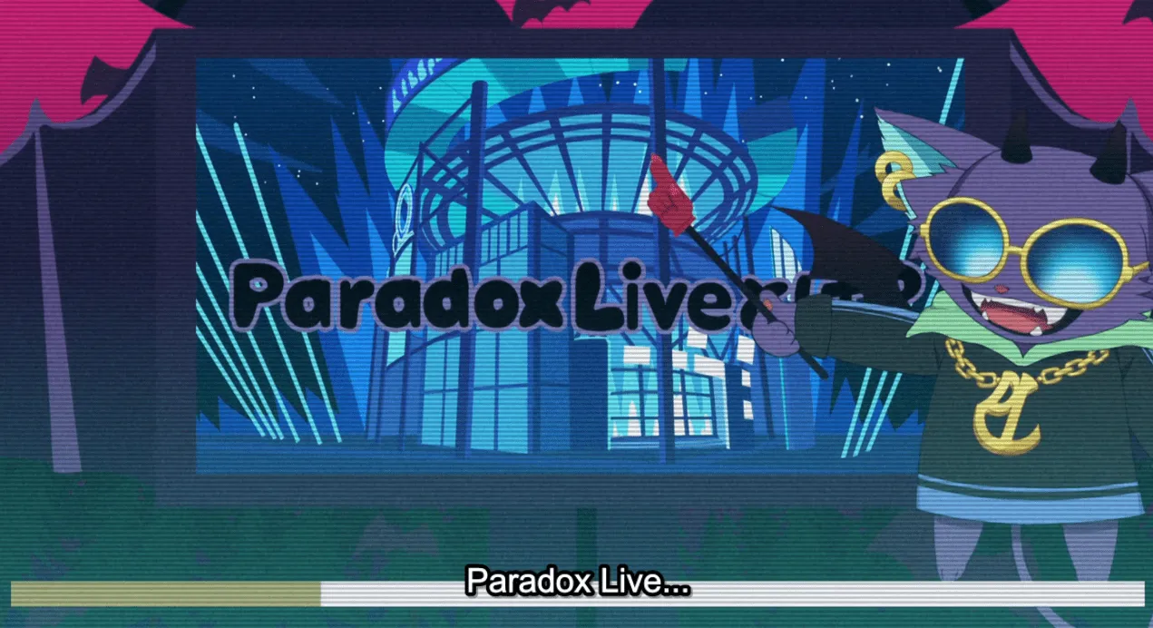 CG Bat en ropa de calle junto a un cartel que dice Paradox Live!  Subtítulos: Paradox Live!