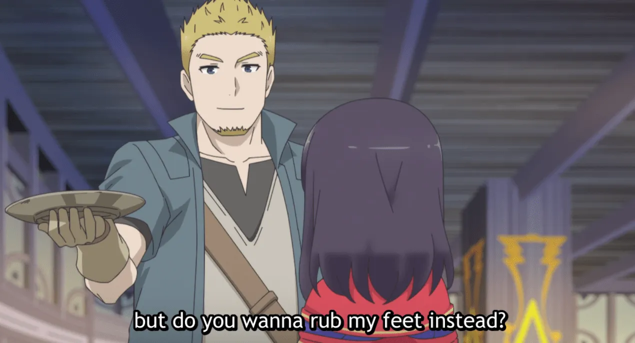 Un hombre rubio parado junto a Kaoru.  Subtítulos: ¿pero en lugar de eso quieres frotarme los pies?