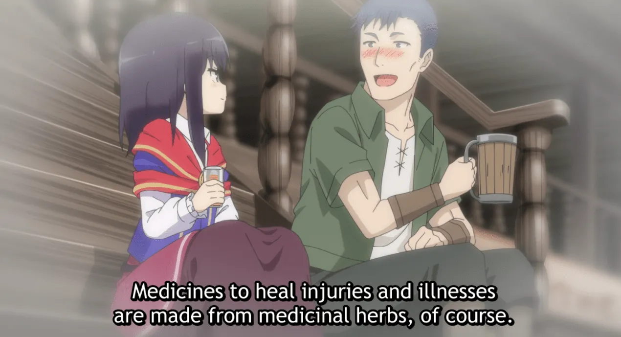 Kaoru hablando con un hombre borracho.  Subtítulos: Los medicamentos para curar lesiones y enfermedades se elaboran, por supuesto, con hierbas medicinales.