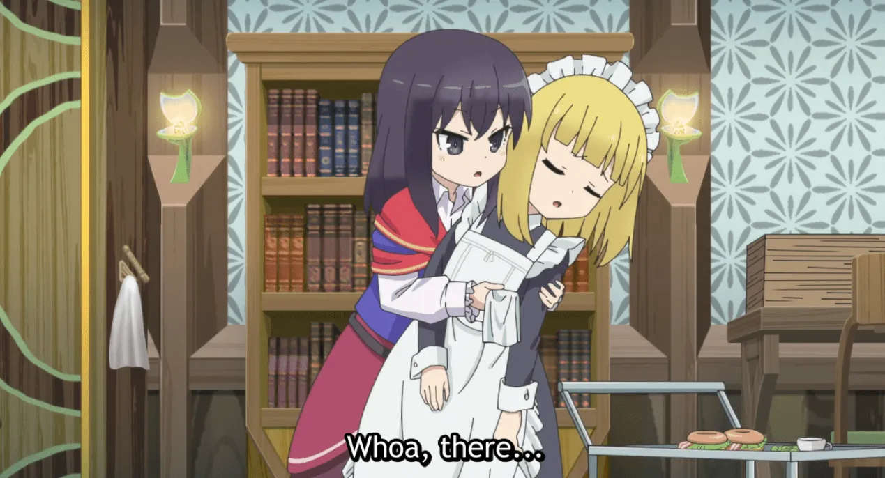 Kaoru sosteniendo a una criada desmayada con un trapo en la mano.  Subtítulos: Vaya, ahí...
