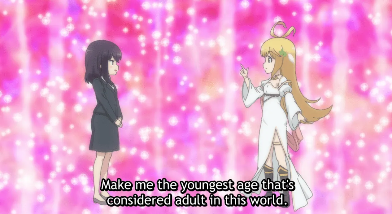 Kaoru con un traje de falda y la diosa Celes sobre un fondo rosa brillante.  Subtítulos: Hazme la edad más joven que se considera adulta en este mundo.