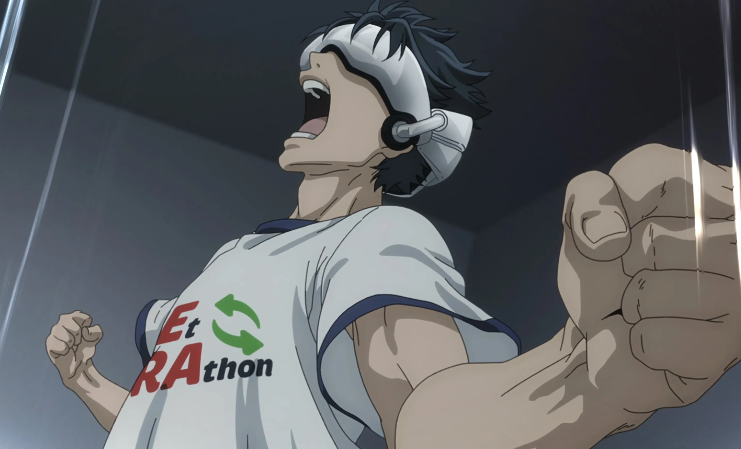 Rakurou en el mundo real está feliz de haber vencido a un mal juego de realidad virtual