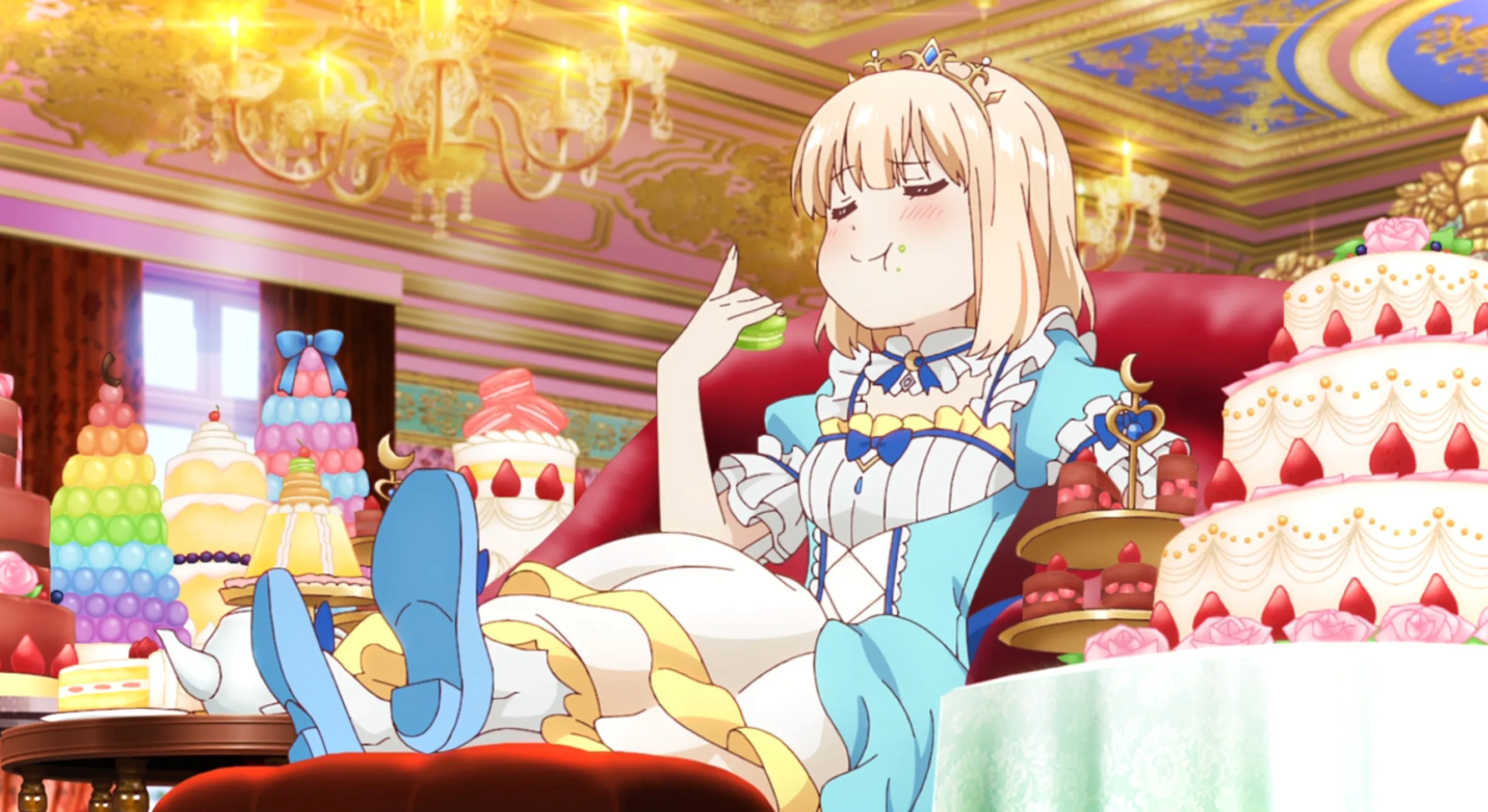 Una joven princesa con un vestido de estilo rococó sentada con los pies en alto, comiendo pastel con indulgencia y rodeada de dulces