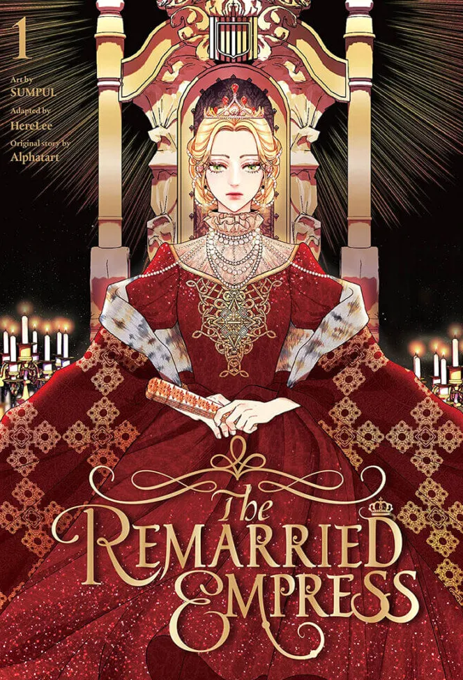 La emperatriz lleva un vestido rojo muy formal, varias capas de joyas alrededor de su cuello y una corona roja y dorada.  Está sentada en un gran trono dorado y sostiene un abanico rojo.