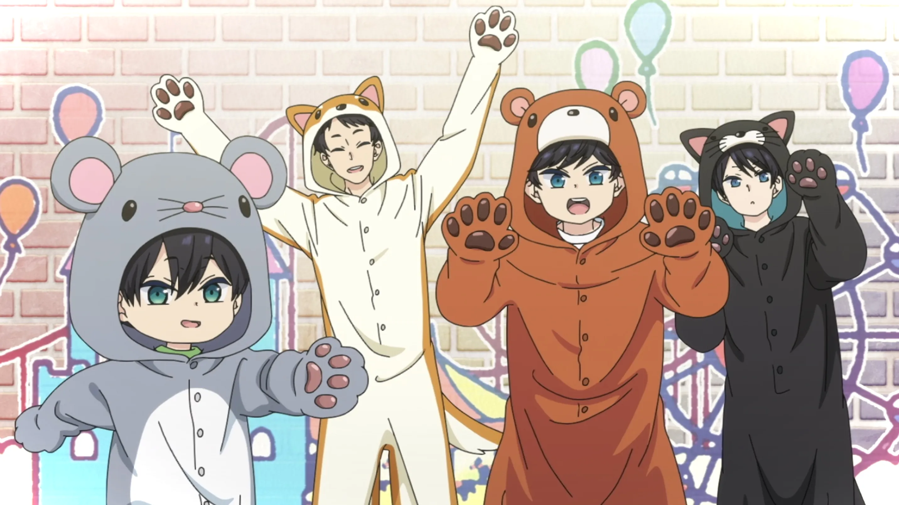 Los hermanos Yuzuki vistiendo trajes de oso.