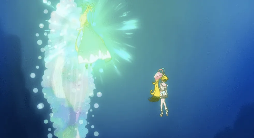 Dos figuras se convierten en espuma de mar brillante mientras se abrazan.  Cure Summer observa desde abajo