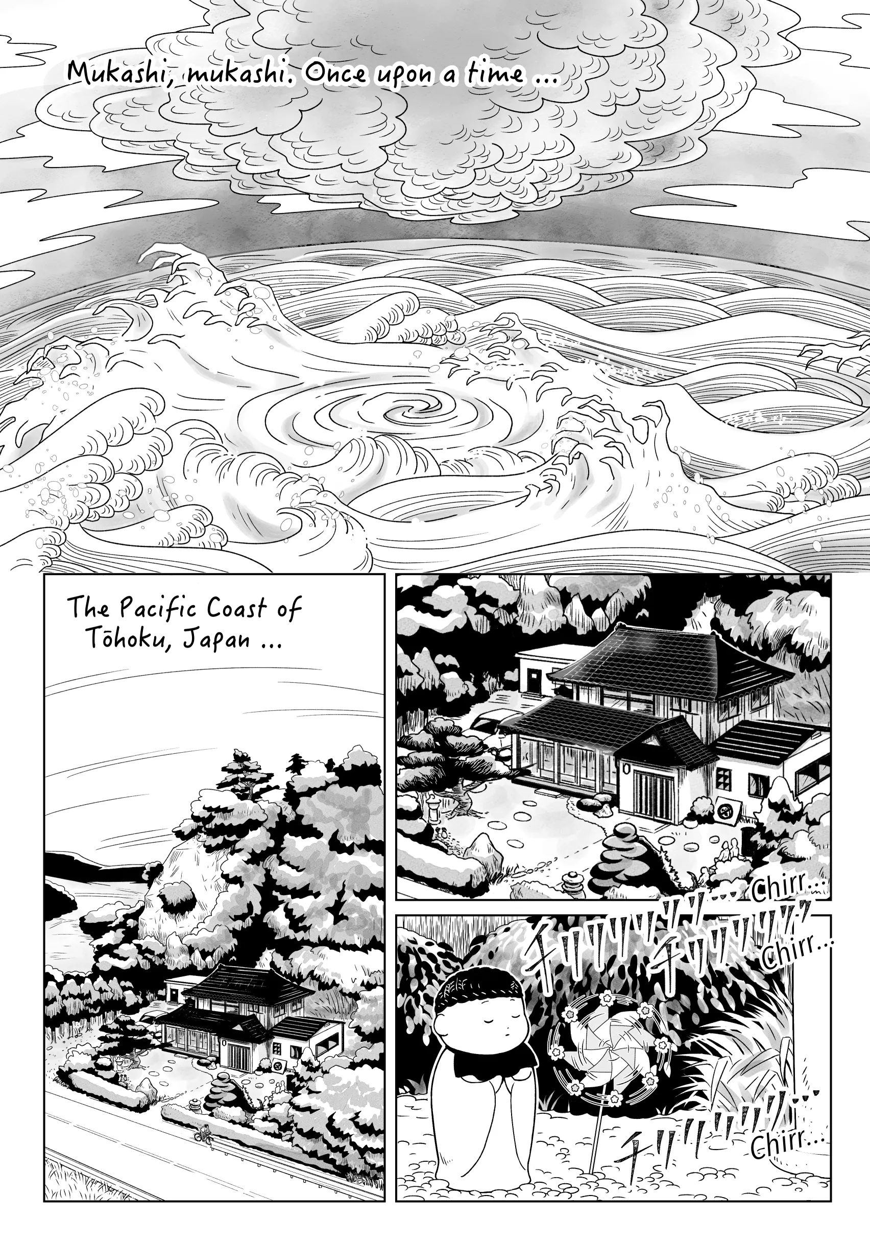 La primera página de Tsunami Girl.  Comienza con una historia tradicional de Érase una vez y presenta imágenes de agua del Japón antiguo y del Japón moderno.  Esto incluye un hogar tradicional japonés, un personaje espiritual y los bosques de la costa del norte de Japón.