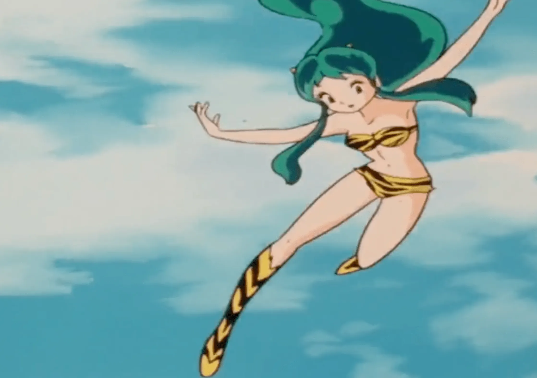 Lum descendiendo del cielo, su cabello verde ondeando detrás de ella.