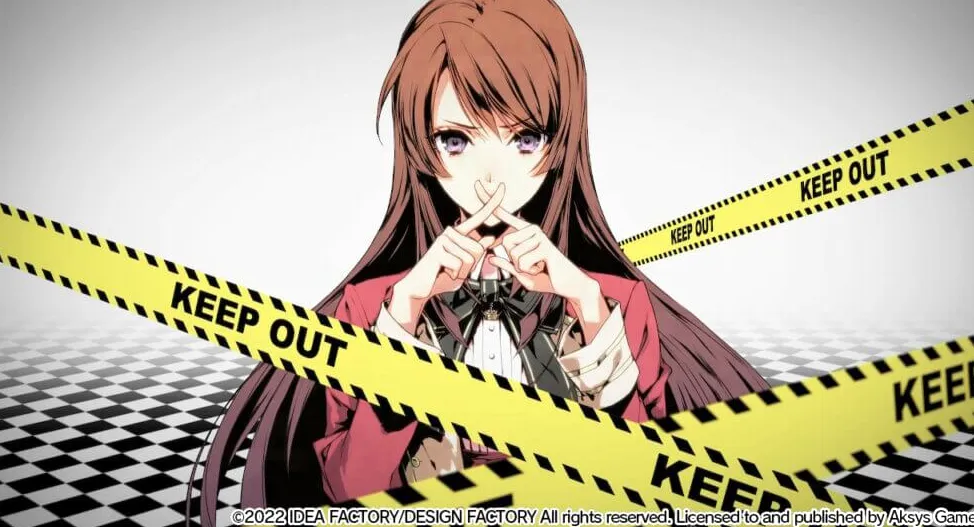 Hibari sostiene sus dos dedos índices sobre su boca en forma de X. Está rodeada por una cinta de precaución que dice: MANTÉNGASE FUERA.