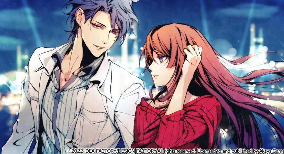 Ichiya (izquierda) mira a Hibari junto a él (derecha).  Hibari tiene su mano izquierda en su cabello para sujetarlo mientras pasa la brisa.  Detrás de ellos hay un paisaje urbano nocturno.