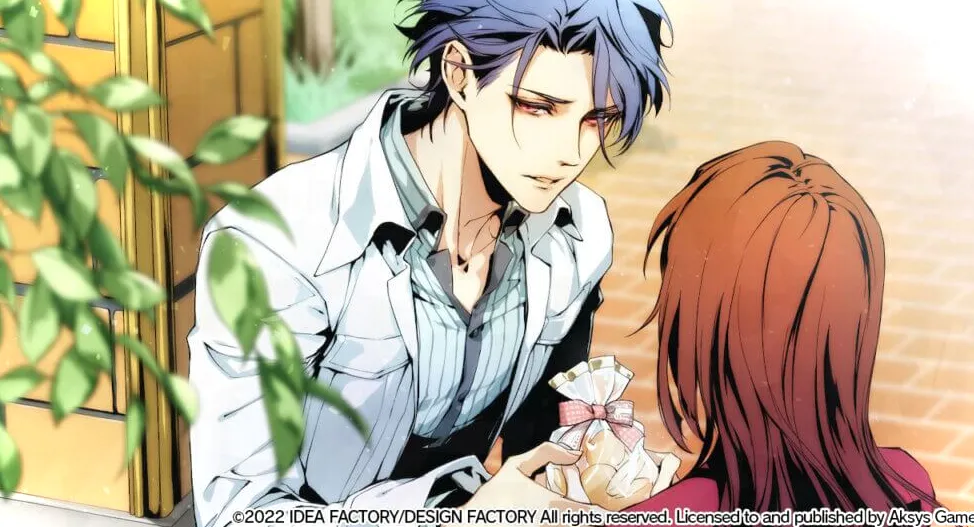Ichiya le está entregando a Hibari una pequeña bolsa de plástico con galletas que horneó.  El bolso está atado con una cinta rosa.  Ichiya tiene una expresión seria en su rostro.  Hibari está de espaldas al espectador.