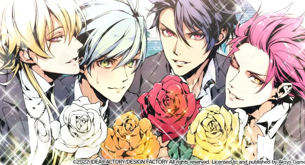 Los cuatro intereses amorosos se agrupan para proponerle matrimonio a Hibari.  De izquierda a derecha: Shion, sosteniendo una rosa blanca;  Nayuta, sosteniendo una rosa naranja;  Ichiya, sosteniendo una rosa roja;  Taiga, sosteniendo una rosa amarilla.