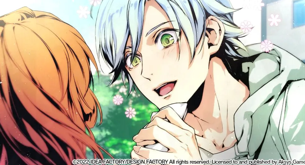 Nayuta tiene una gran sonrisa en su rostro mientras agarra la mano de Hibari con ambas.  Ella sostiene un pañuelo y está de espaldas al espectador.