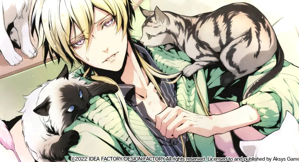 Shion está sentado con una expresión de preocupación en su rostro.  Un gato está posado sobre cada uno de sus hombros y otros lo rodean.