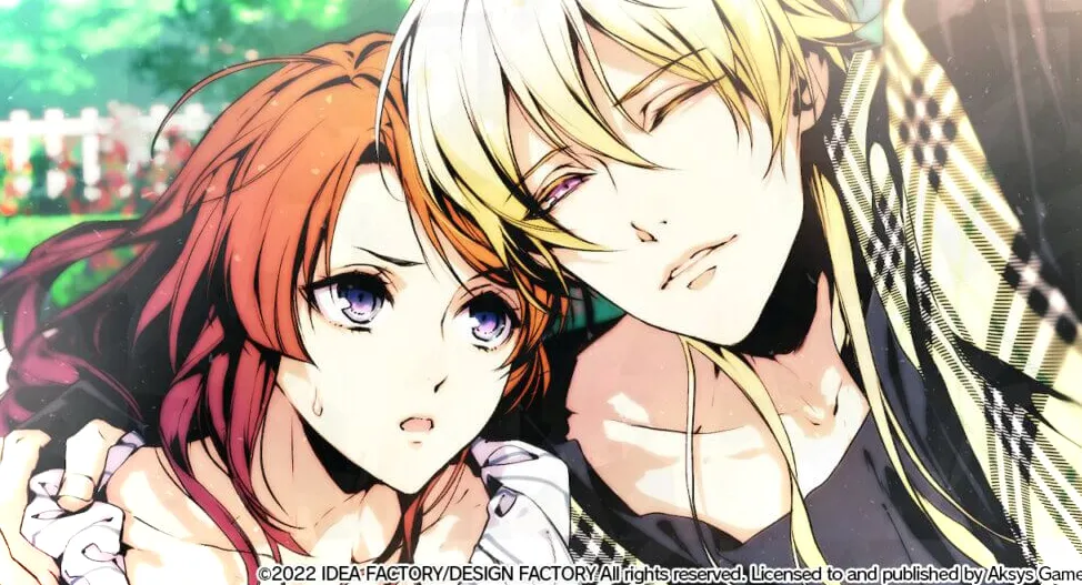 Shion (derecha) tiene su brazo derecho alrededor de los hombros de Hibari para atraerla hacia él.  Su mano izquierda sostiene un teléfono para tomarse una selfie.  Shion le está guiñando un ojo a la cámara, pero Hibari mira confusamente a Shion.