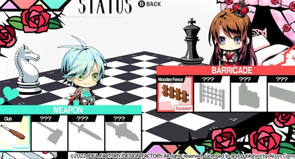 Los duendes Chibi de Nayuta (izquierda) y Hibari (derecha) están sentados en un tablero de ajedrez.  Nayuta tiene un garrote equipado mientras que Hibari tiene una cerca de madera.  Estos indican cómo las elecciones han afectado el final que obtendrá el jugador.
