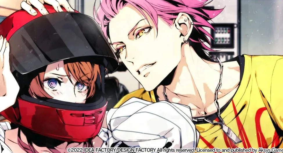 Taiga (derecha) está sosteniendo un casco de motocicleta con visera sobre Hibari (izquierda), quien está tratando de quitárselo.