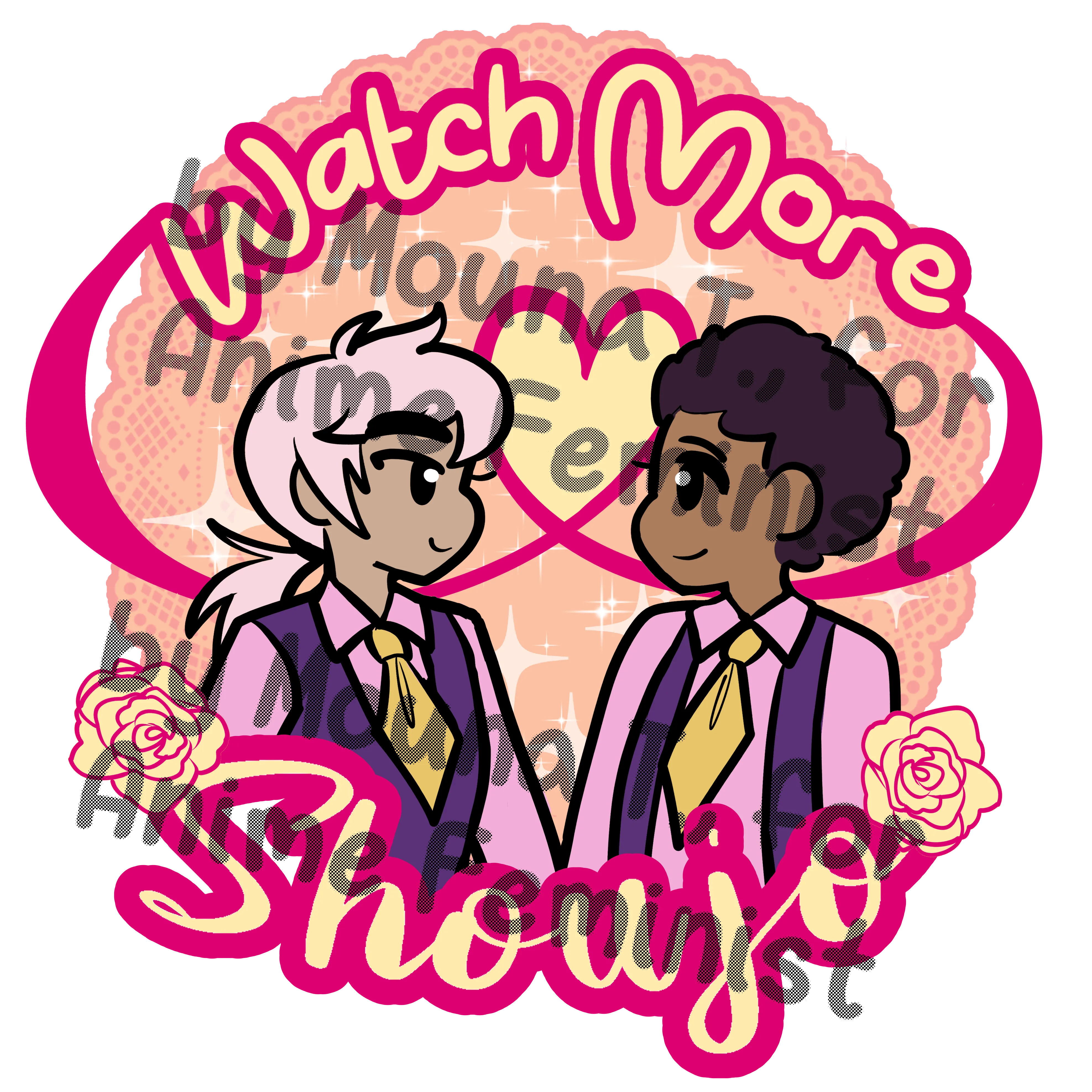 Diseño rosa con dos chibis andróginos mirándose y viendo más shoujo en letras de burbujas rosas.