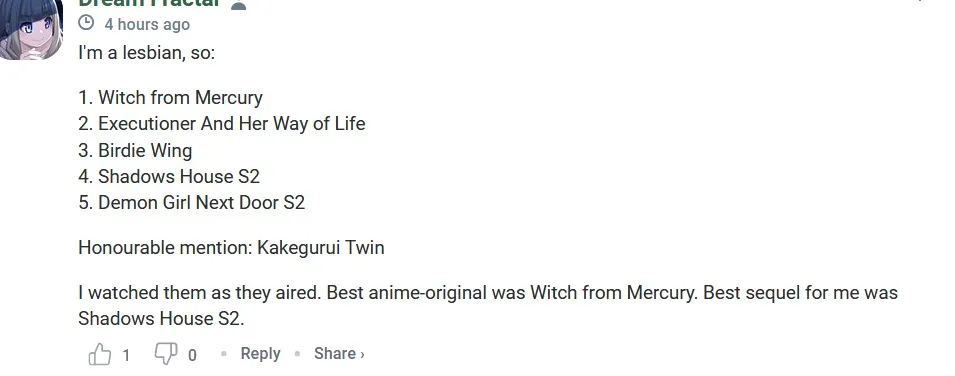 Soy lesbiana, entonces: 1. Bruja de Mercurio 2. Verdugo y su forma de vida 3. Birdie Wing 4. Shadows House T2 5. Demon Girl Next Door T2 Mención de honor: Kakegurui Twin Los vi mientras se transmitían.  El mejor anime original fue Witch from Mercury.  La mejor secuela para mí fue Shadows House T2.