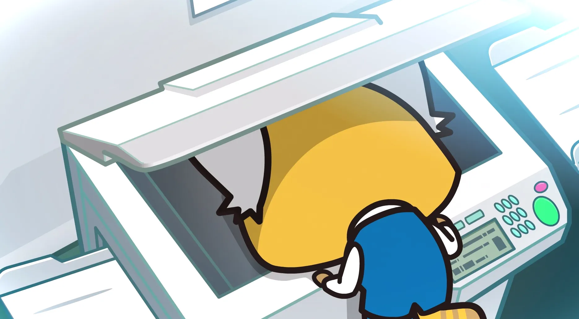 Retsuko boca abajo en la fotocopiadora.