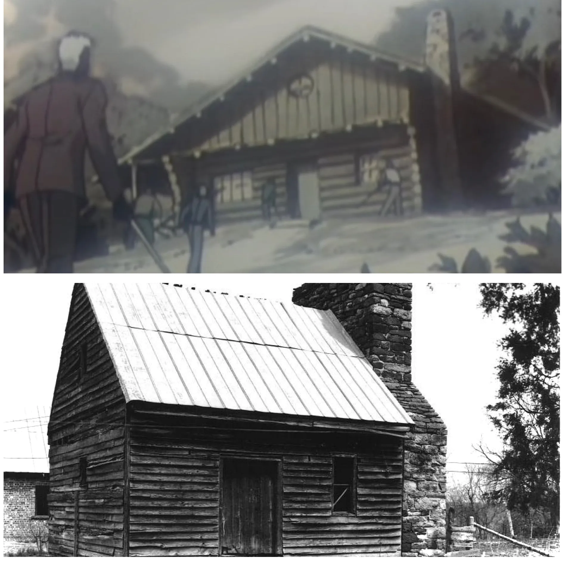 Comparación de la casa del flashback y las cabañas de esclavos.