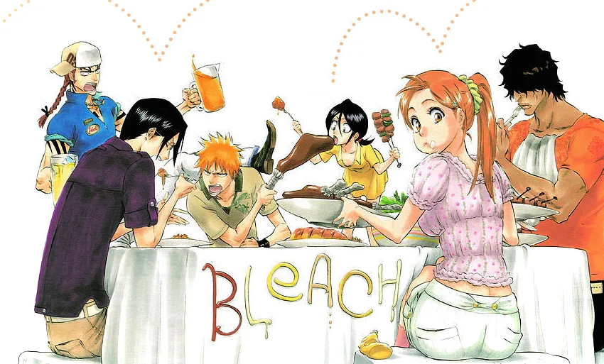 El elenco principal de Bleach comiendo en un kotatsu.
